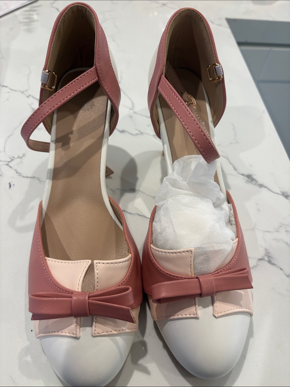 Women’s Pink Two-Tone Bow Ankle-Strap Flats